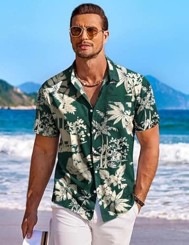 COOFANDY Men's Short Sleeve Hawaiian Shirts for Men Casual Button Down Shrts Summer Beach Shirts, Green - Palm Tree, X-Large - Image 2