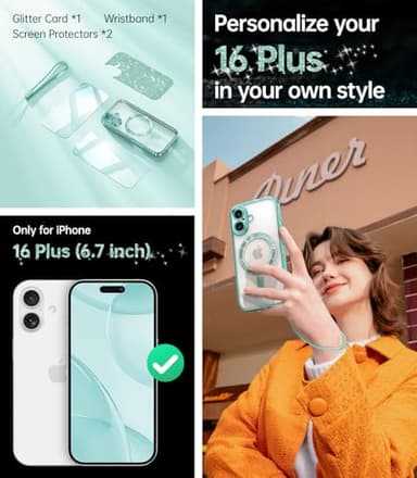 Meifigno Candy Series Case for iPhone 16 Plus 6.7’’, [2X Screen Protectors] [Glitter Card & Wrist Strap] [MagSafe Compatible] Full Camera Protection for iPhone 16 Plus Case, Teal - Image 2