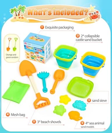 DUDUCOFU Collapsible Beach Sand Toys for Kids Toddlers, Collapsible Sand Bucket with Sifter Shovels Set with Mesh Bag and Sand Molds, Travel Beach Sandbox Toys for Boys Girls 3 4 5 6 7 8 9 10 - Image 7