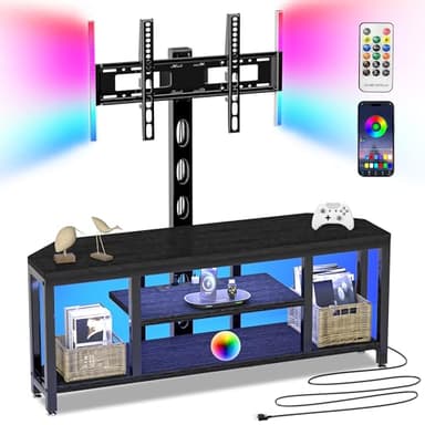 Corner TV Stand with Mount LED - Universal TV Mount Stand for 32-65" TV, Height Adjustable Swivel TV Console Wood & Steel Entertainment Center with Mount, Cabinet, Power Outlet, Colorful Light, Black - Image 1