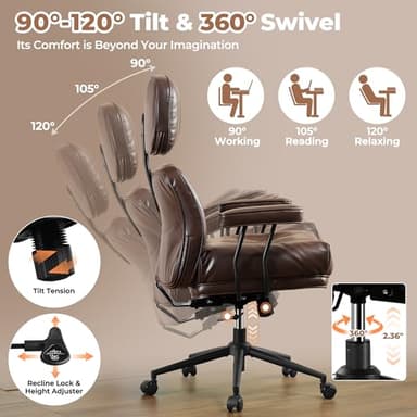 ovios Ergonomic Home Office Chair, Mid-Century Modern Faux Leather Chairs with Thickened Cushions, Comfy High Back Swivel Rolling Executive Computer Armchair (Dark Brown, PU Leather) - Image 4