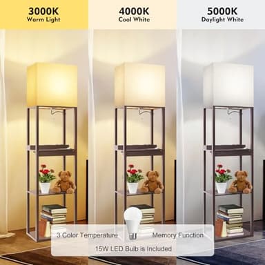 RUNTOP Floor Lamp with Shelves, Modern Standing Lamp with Wireless Charger, 1 Drawer and 2 USB Ports & 2 Power Outlet, 15W LED Bulb 3 Colors, Memory Function, Shelf Lamp for Living Room and Bedroom - Image 4