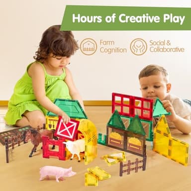 COCO&Friends Magnetic Tiles Farm Animals for Toddlers Kids Ages 3-8 - 45 PCS Magnetic Blocks with Fence Building Toys for 3 Year Old Girl Boy Birthday Gift - Montessori Educational Magnet Toys - Image 8