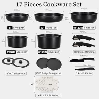 JEETEE Pots and Pans Set Non Stick 17pcs, Kitchen Cookware Sets with Detachable Handle, Induction Nonstick Cookware Set with Removable Handle, Stackable RV Cookware, Oven Safe, PFAS/PFOA Free, Black - Image 2