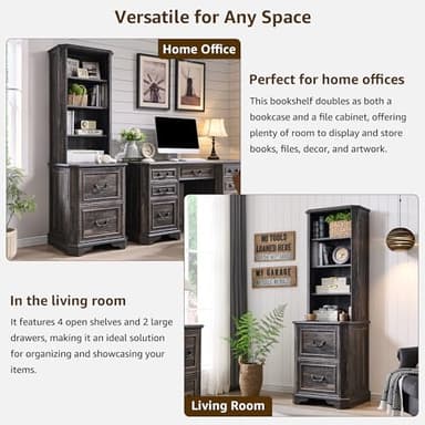 T4TREAM 6-Tier Bookcase Set of 2 with 2 File Drawers, 72" Tall Farmhouse Bookshelf with Storage & Adjustable Shelves, Wooden Floor Standing Display Book Shelf for Home Office, Dark Rustic Oak - Image 6