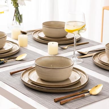 GBHOME Ceramic Dinnerware Sets for 4, 12 Pieces Stoneware Plates and Bowls Sets, Scratch Resistant Dishes, Dishwasher & Microwave Safe, Reactive Glaze-Cappuccino - Image 6