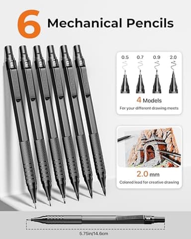30PCS Black Metal Mechanical Pencil Set in Leather Case, 0.5/0.7/0.9/2.0mm Art Drafting Pencils with 16 Tubes Graphite Leads (6B 4B 2B HB 2H 4H) & Colored Refills for Sketching, Drawing, Writing - Image 3