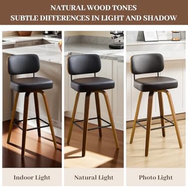 Bekrvio Swivel Bar Stools Set of 4, 29" Upholstered Faux Leather Barstools with Back and Bent Wood Legs, Mid Century Modern Bar Chair Island Stool for Kitchen Counter, Black - Image 6