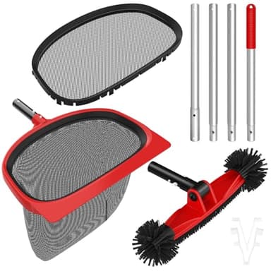 Swimming Pool Cleaning Kit Including 5.7 Feet Aluminum Pool Pole 4-Segment & Rotatable Pool Brush with Round End & Pool Leaf Rake Fine Mesh Net,Replaceable Pool Cleaning Leaf Skim Net-Fast Cleaning - Image 1