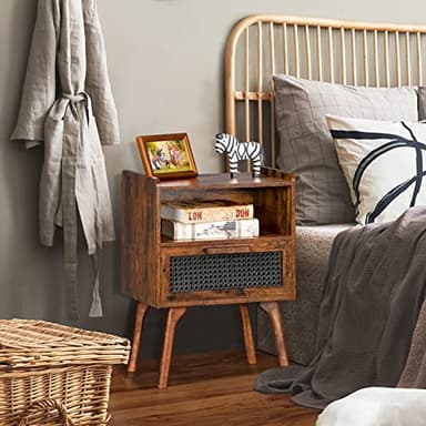 Lerliuo Rattan Nightstand, Boho Side Table with Drawer Open Shelf, Cane Accent Bedside End Table with Solid Wood Legs for Bedroom, Dorm and Small Spaces (Brown) - Image 8