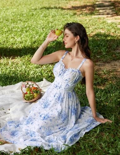 Easter Dresses for Women Floral Corset Dress Summer Milkmaid Dress Boho Beach Dresses Blue 2XL - Image 2