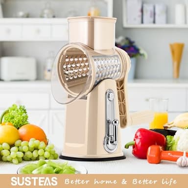 SUSTEAS Rotary Cheese Grater with Handle - Vegetable Shredder with 5 Well-designed Blades & Strong Suction Base,Round Mandoline Slicer & Food Chopper for Kitchen,with Blade Storage Box(Beige) - Image 7