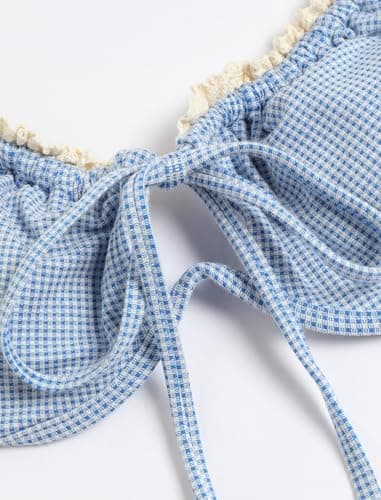 ZAFUL Women High Cut Bikini Sets Lace Thong Swimsuit Two Piece String Sexy Underwire Bathing Suit Cheeky Cut Out Cute Swimwear Gingham Blue S - Image 4