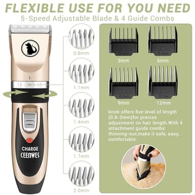 Ceenwes Dog Clippers Low Noise Pet Clippers Rechargeable Trimmer Cordless Grooming Tool Professional Dog Hair Trimmer with Comb Guides Scissors for Dogs Cats & Others（Gold） - Image 3
