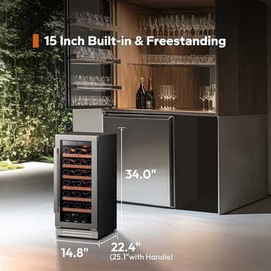 Ca'Lefort 15 Inch Wine Fridge, 33 Bottle Wine Cooler Refrigerator, 40-65°F Wine Refrigerator Glass Door, 3 LED Wine Fridge, Built-in or Freestanding Wine Fridge for Home/Bar/Kitchen (3.0 cu.ft) - Image 3