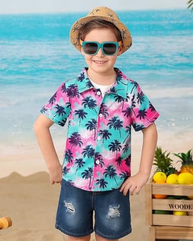 Coco&RARA Toddler Baby Boy Clothes Summer Beach Outfits Hawaiian Short Sleeve Button Down Shirts+Denim Shorts Casual Set (Colorful - Palm Trees, 4-5T) - Image 3