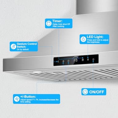 36 inch Wall Mount Range Hood, 1200 CFM with 4-Speed Gesture Sensing & Touch Control, Stainless Steel Kitchen Stove Vent Hoods with 2 LED Lights, Time Setting, Dishwasher-Safe Baffle Filters - Image 4