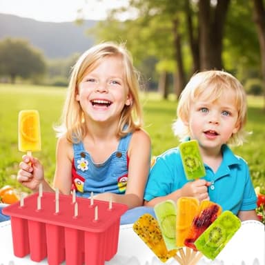 Miaowoof Homemade Popsicle Molds, 10-Cav Non-BPA Silicone Ice Pop Maker, with 50 Sticks, 50 Bags, 10 Reusable Sticks, Funnel, Brush and Ice Pop Recipe (Red) - Image 6