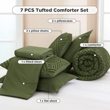 Andency California King Comforter Set Olive Green - 7 Piece Cal King Bed in a Bag Boho Olive Green Tufted Bedding Sets, Bed Set with Comforter, Sheets, Pillowcases & Shams - Image 6
