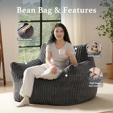 Giant Plush Bean Bag Chair for Adults with Armrests - Oversized Comfy Grey Beanbag Lounge Lazy Floor Sofa Accent Chair for Living Room, Bedroom & Dorm, Cozy Fluffy Single Cloud Mini Couch - Image 4
