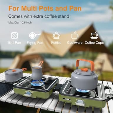 ODSD 2 Burner Camping Stove with Windshield, 20000 BTU Propane Camp Stove, Portable Folding Gas Stove, Camping Essentials Gears Includes Frying Pan, Coffee Stand & Carry Bag, Green - Image 5