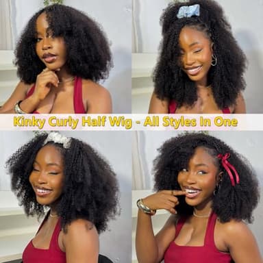 VFFTI Kinky Curly Half Wig Human Hair 200 Density 3 In 1 Drawstring Seamless Flip Half Wigs Wear Go Glueless Wigs Human Hair 18 Inch Curly Half Wig for Women Drawstring Headband Wig Beginner Friendly - Image 5