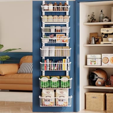 Over The Door Pantry Organizer, 8-Tier Over The Door Organizer with Adjustable Baskets, Metal Hanging Spice Rack for Pantry Organizers and Storage, Suitable for Kitchen Laundry Room & Bathroom, White - Image 9