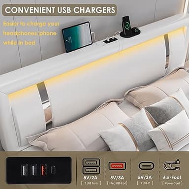 Keyluv King Size Bed Frame with RGB LED Lights & 2 Storage Drawers, Modern Upholstered Platform Bed with Iron Metal Decor, USB Charging Ports, White - Image 4