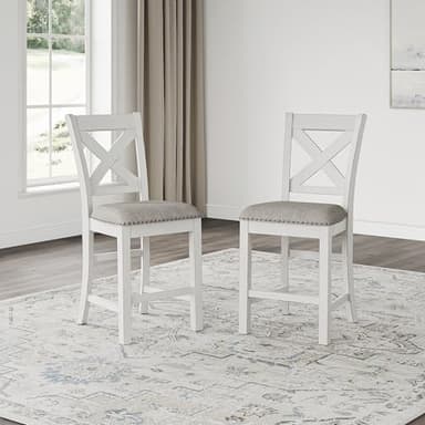Signature Design by Ashley Robbinsdale Farmhouse Armless 24.75" Counter Height Upholstered Bar Stool with Foot Rest, Set of 2, White & Light Gray - Image 2