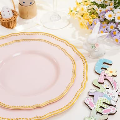 Hioasis 60pcs Pink Plastic Plates - Pink and Gold Disposable Dinnerware with Gold Rim, Heavy-duty, 10.25 inch, Dinner Plates for Party & Wedding - Image 5