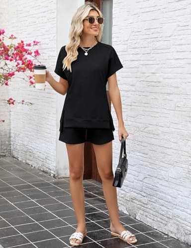 LOMON Womens 2 Piece Outfits Comfy Short Sleeve Lounge Wear Set Fashion Spring Shorts Tops with Pockets(Black,XXL) - Image 4