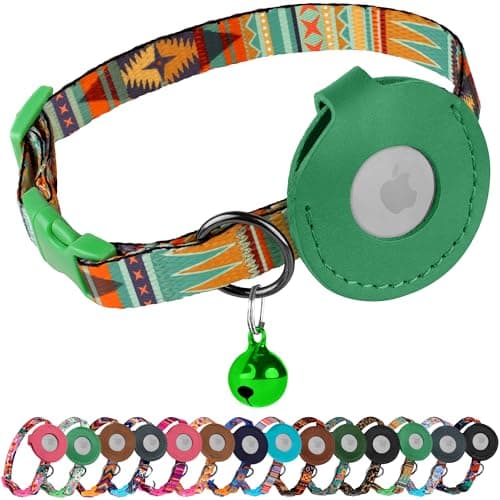 Airtag Cat Collar with Bell - Non Breakaway Soft Pet Collar with Leather Air Tag Holder - Adjustable GPS Anti-Lost Collars for Girl Boy Cats Kitten Puppies, Lightweight and Patterned (Mexican Green) - Image 1