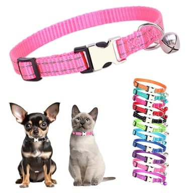 Pink Puppy Collar with Bell,Reflective Cat Collar with Bells Metal Buckle Girl Female Nylon Dog Collar with Bells for XXS XS Tiny Little Kitten Boy Pet Dogs, 7.5-11 Inch - Image 1
