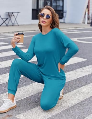 Ekouaer Womens Ribbed Knit Pajama Sets 2 Piece Jogger Pjs Long Sleeve Sleepwear Round Neck Soft Lounge Sets with Pockets Lake Blue Medium - Image 5