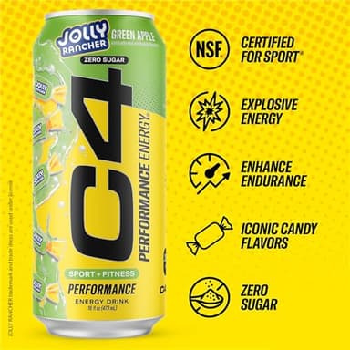 Cellucor C4 Performance Energy Drink | JOLLY RANCHER Green Apple | Zero Sugar Carbonated Preworkout Energy | 200mg Caffeine with Beta Alanine | 16 Fl Oz (12 Pack) - Image 3
