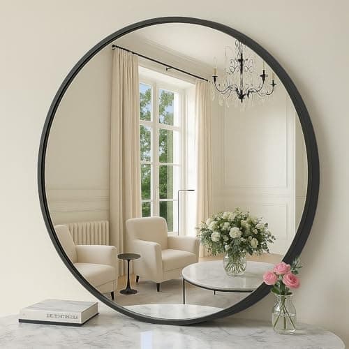 SONGMICS Bathroom Round Mirror for Wall, 24 Inches Black Circle Mirror，Metal Frame,for Bathroom Over Sink, Living Room, Bedroom, Entryway, Hallway, Ink Black ULWM102B01 - Image 1