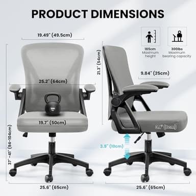 Office Chair, Ergonomic Home Computer Desk Chairs, Comfy Breathable Mesh Chair with Adjustable Lumbar Support Flip-up Armrests, Executive Task Chair with High Back for Home Office Rolling Swivel Chair - Image 3