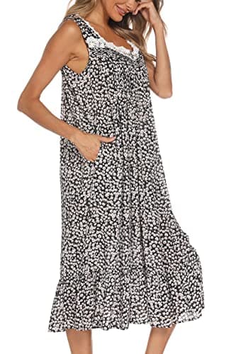 AVIIER Cotton Nightgowns for Women Sleeveless House Dress Ladies Long Nightdress with Pockets (Black Flower, Large)… - Image 3