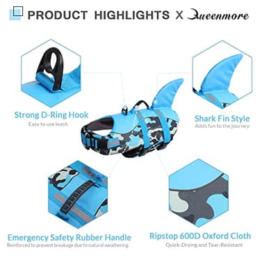 Queenmore Dog Life Jacket Ripstop Dog Shark Safety Vest Adjustable Preserver with High Buoyancy and Durable Rescue Handle for Small,Medium,Large Dogs, Blue Camouflage Small - Image 3