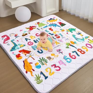 TreeBud Baby Play Mat - Thicken 50x50 Inch Soft Foam Crawling Mat for Playpen & Floor, Non-Slip Waterproof Playmats for Infants & Toddlers, Portable Foldable & Machine Washable, Dinosaur & Letters - Image 1