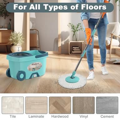Spin Mop and Bucket System, Mop and Bucket with Wringer Set,Mops for Floor Cleaning,Household Supplies Tools with 6 Replacement Refills,61" Extended Handle for Household Hardwood Floor - Green - Image 6