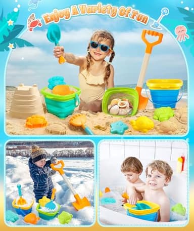 DUDUCOFU Collapsible Beach Sand Toys for Kids Toddlers, Collapsible Sand Bucket with Sifter Shovels Set with Mesh Bag and Sand Molds, Travel Beach Sandbox Toys for Boys Girls 3 4 5 6 7 8 9 10 - Image 5