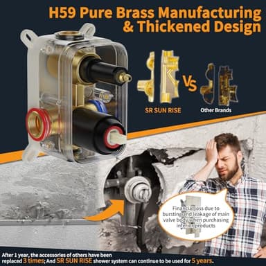 SR SUN RISE Black Square Rainfall Shower Head and Handle Set, Wall Mounted Shower Fixtures, Metal Shower Faucet Trim Repair Kits (With Shower Valve) - Image 3