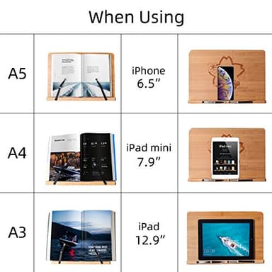 wishacc Bamboo Book Stand Cookbook Holder with 5 Adjustable Height 13.2 x 9.2 - Image 2
