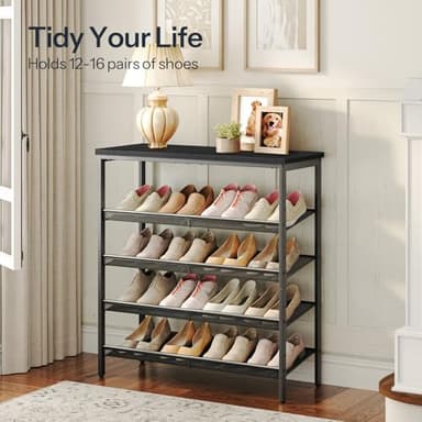 HOOBRO Shoe Rack for Entryway, 5-Tier Organizer with Adjustable Mesh Shelves, 16-20 Pairs, Spacious Floor Mount, Metal, Industrial, Closet Shoe Shelf, Black BB12XJ01 - Image 4