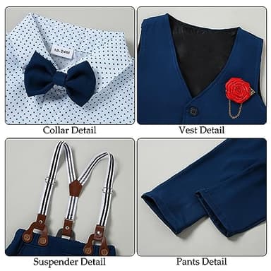 WESIDOM Toddler Boy Clothes Suits Gentleman Wedding Outfits Dress Bowtie Shirt+Vest+Boutonniere+Suspender Pants Sets(Navy Blue+5-6T) - Image 2