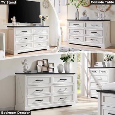 ACCOHOHO Farmhouse 6 Drawer Dresser for Bedroom, 52 Inch Wide Modern Dresser TV Stand with Large Drawers & Bar Handles, Rustic Wood Chest of Drawers for Bedroom, Living Room, Hallway, Off White - Image 3