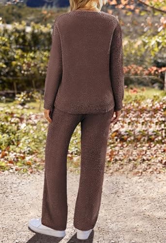 MEROKEETY Women's Lounge Sets 2025 Fall Fashion 2 Piece Outfits Sweater Pajama Set Fuzzy Loungewear Matching Winter Clothes, Coffee, L - Image 4