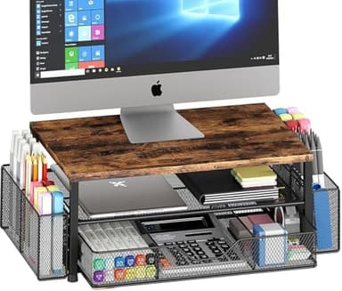Desk Organizers and Accessories, 2-Tier Computer Monitor Stand Riser with Drawer and 2 Pen Holders, Laptop Stand, Office Desk Accessories for Office Supplies, Brown - Image 3