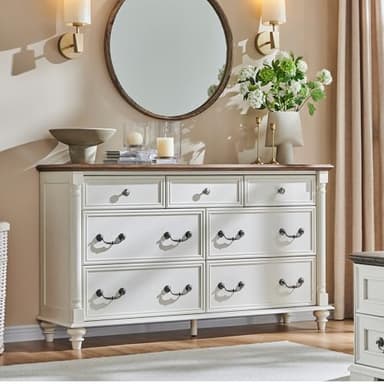 T4TREAM Farmhouse 7 Drawers Dresser Chests for Bedroom with 4 Solid Wood Feet, Tall Wide Wood Country Rustic Chest of Drawers, Storage Dressers for Bedroom, Living Room, Antique White - Image 1